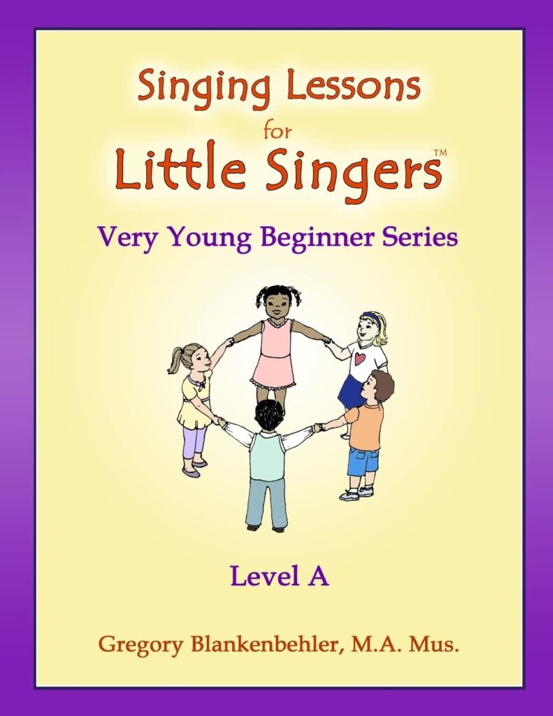 the cover of the singing lesson book, "singing lessons for little singers" with a purple border and a drawn image of 4 children holding hands in a circle