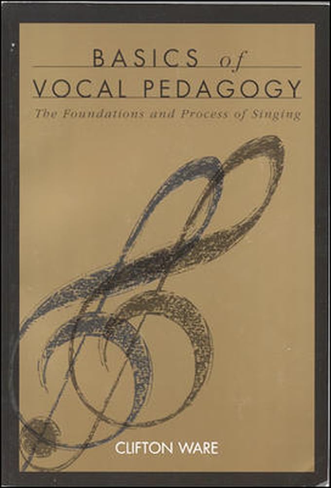 the cover of a book titled "basics of Vocal Pedagogy" with a tan background and sketched treble clef.