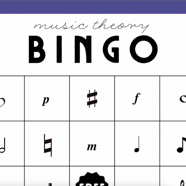 part of a music theory bingo card with musical symbols like sharp and natural signs