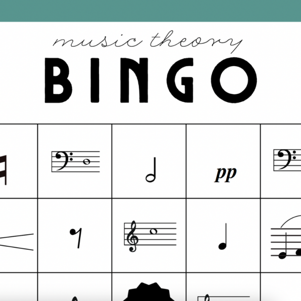 part of a music theory bingo card with notes on the staff and musical symbols