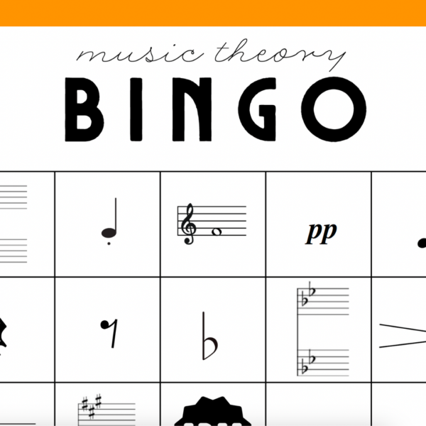 part of a music theory bingo card with key signatures, notes on the staff, and musical symbols