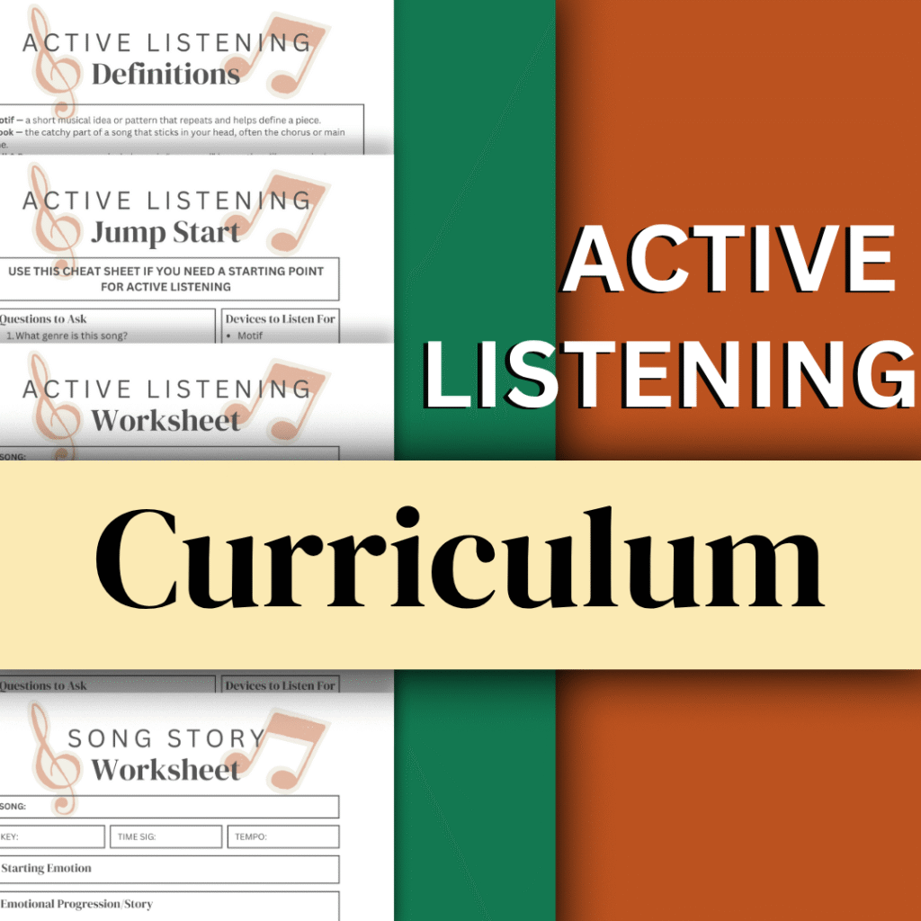 active listening music worksheets with an overlay that reads "active listening curriculum"