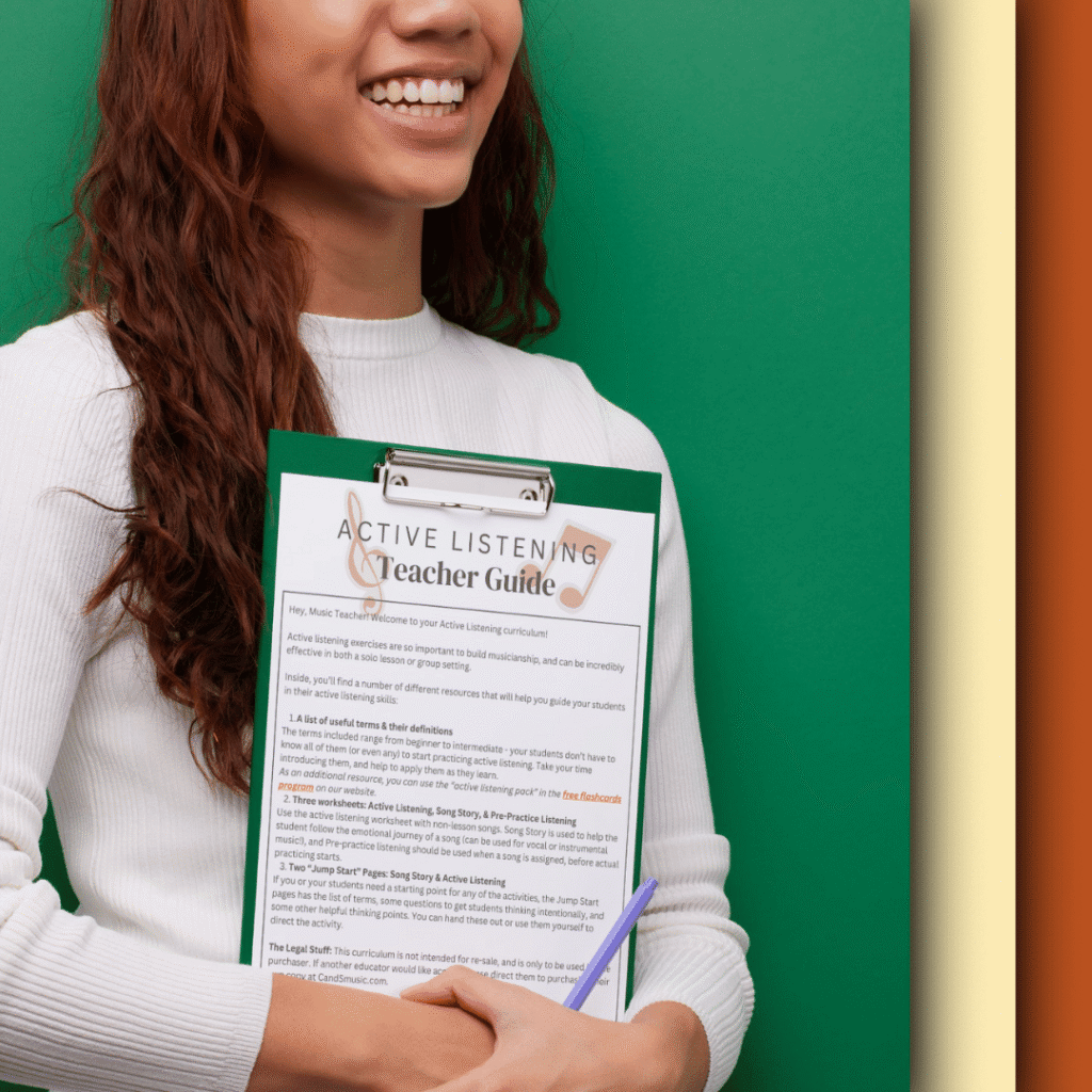 a woman holding a clipboard with the active listening music curriculum teacher's guide