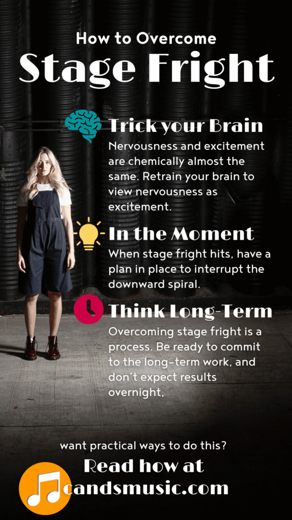 a long image of a woman standing in front of a black curtain with text on overcoming stage fright overlayed.