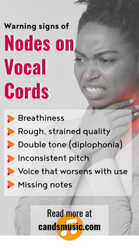 black and white photo of woman holding her throat and grimacing with text overlay of warning signs of nodes on vocal cords