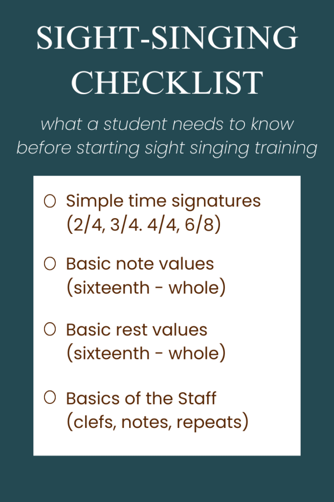 a dark blue and white infographic with a list of what singers need to know before starting sight reading training: simple time signatures, basic note and rest values, and basics of the staff like clefs, notes, and repeats.