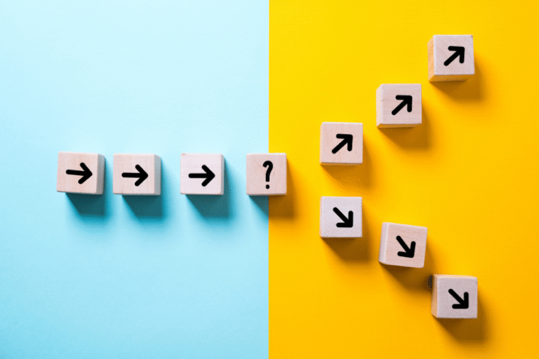 a duotone background with one arrow diverging to two paths after a question mark to illustrate choosing a career path in the music industry