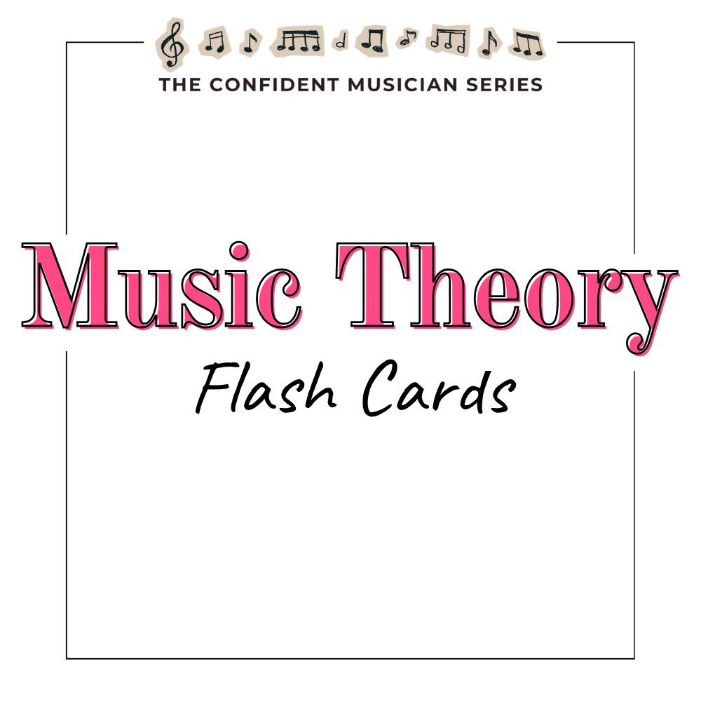 a white box with pink and black text that says, "Music theory flash cards," and a series of musical symbols in scrapbook style with text under that reads "the confident musician series"